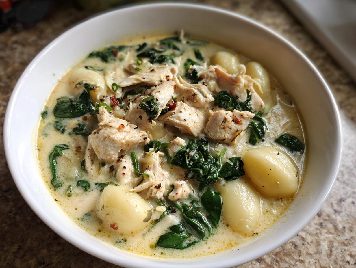 A close-up of a bowl of creamy olive garden chicken gnocchi soup, featuring shredded chicken, spinach, and soft gnocchi.