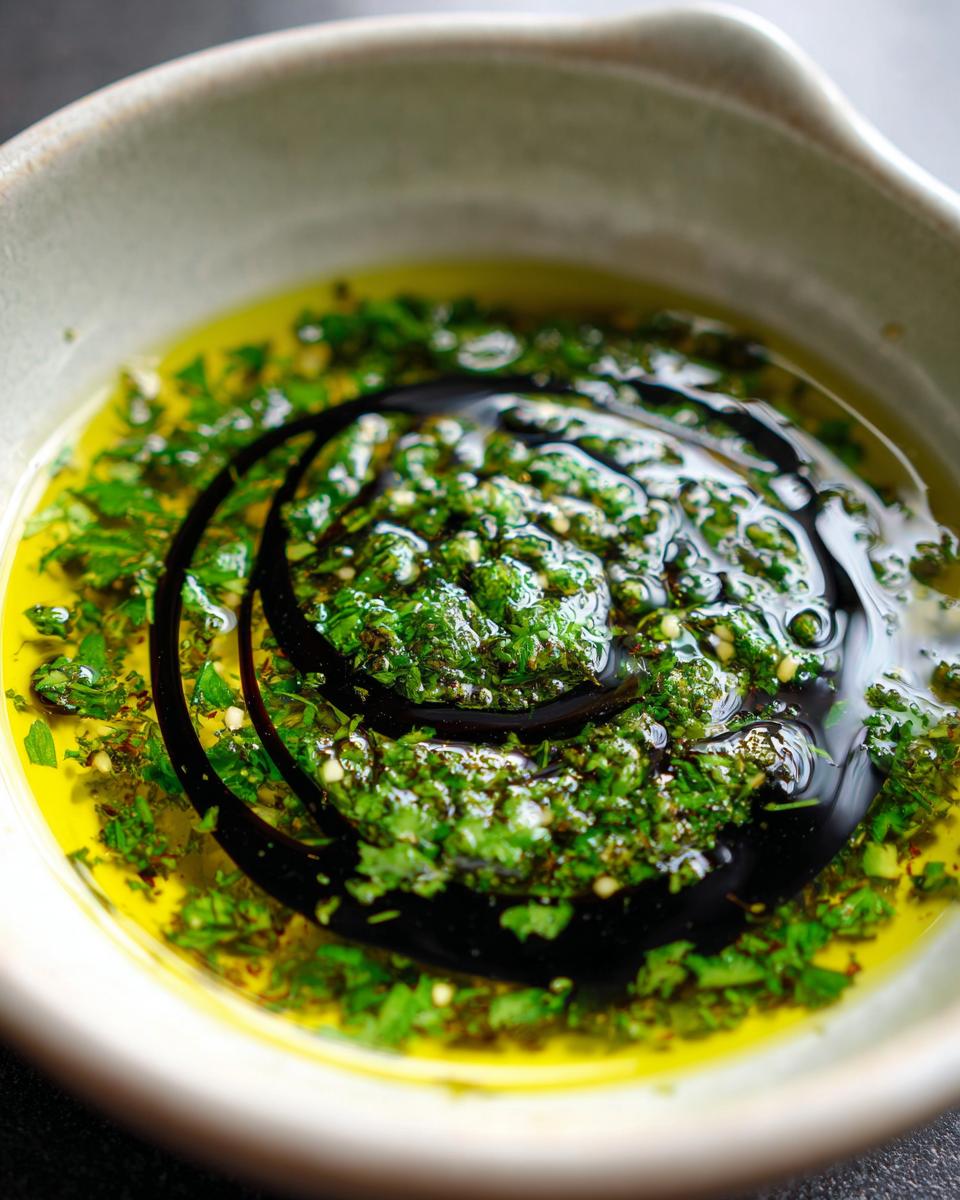 Close-up of a small bowl containing olive oil bread dip, featuring bright green herbs and a swirl of dark balsamic vinegar.