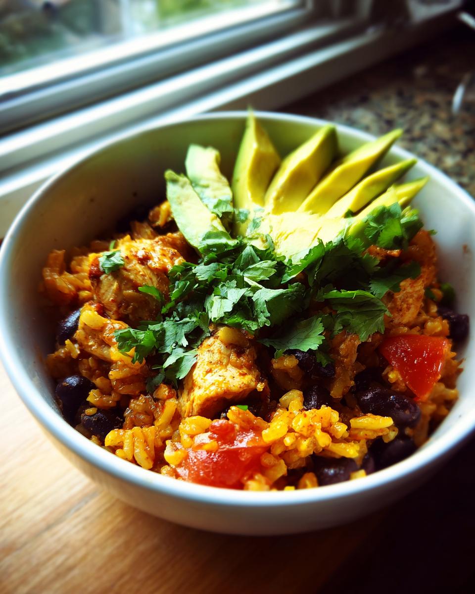 A vibrant chicken burrito bowl featuring seasoned rice, black beans, chicken pieces, topped with sliced avocado and fresh cilantro.