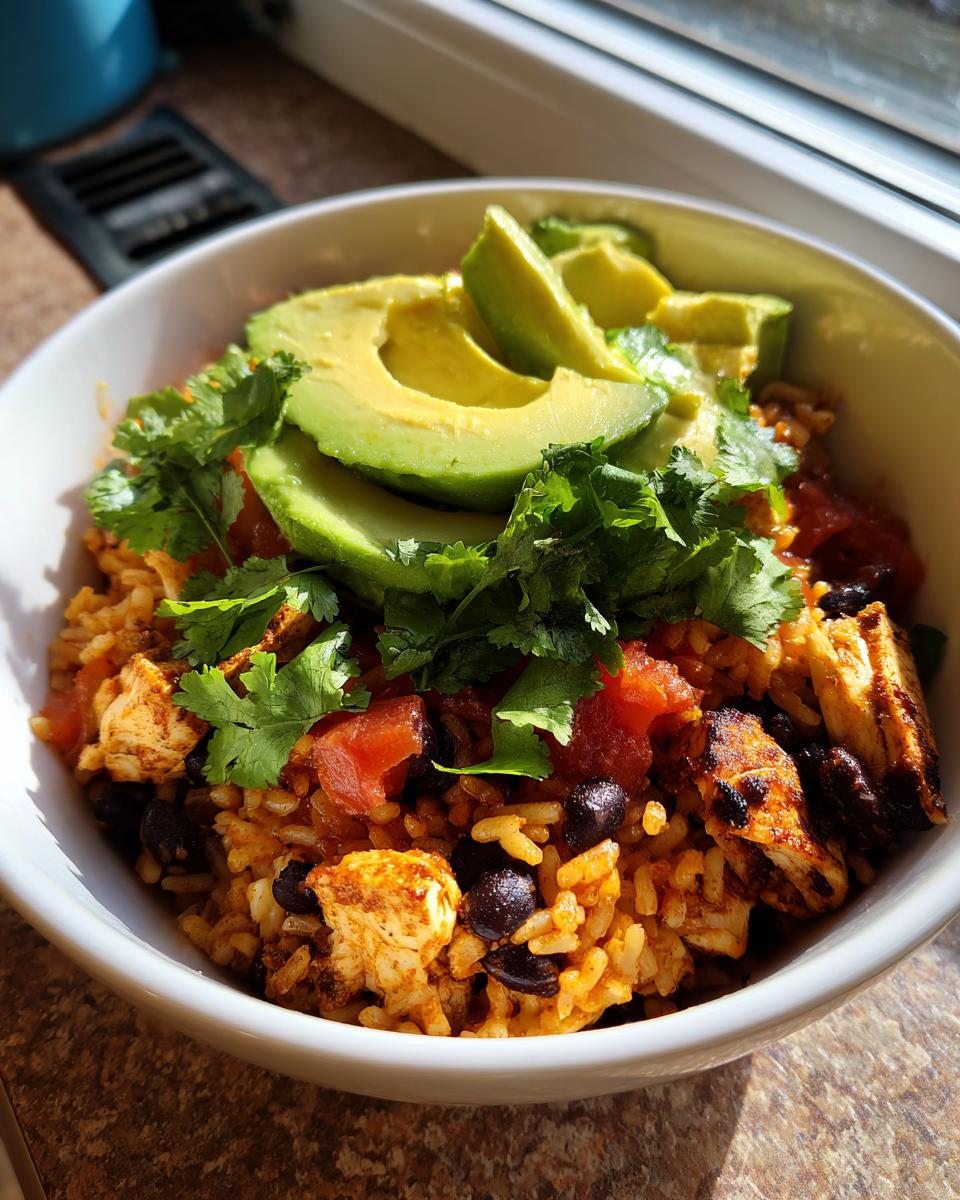 A close-up of a white bowl filled with a colorful chicken burrito bowl, topped with sliced avocado and fresh cilantro.