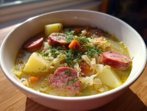 Close-up of a white bowl filled with steaming sauerkraut soup, featuring slices of smoked sausage, potatoes, and fresh dill.