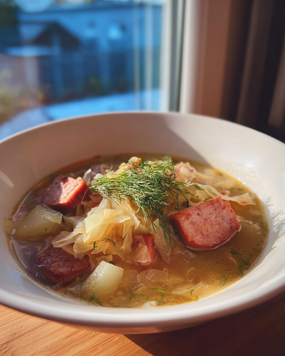 Close-up of a white bowl filled with hot sauerkraut soup, featuring chunks of sausage, potatoes, and fresh dill garnish.