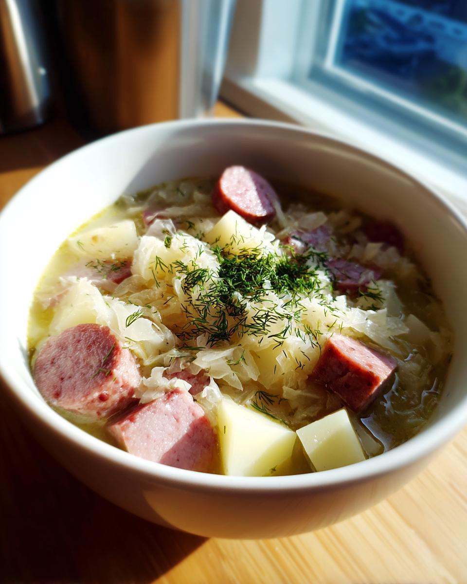 A close-up of a white bowl filled with rich sauerkraut soup, featuring chunks of smoked sausage, potatoes, and fresh dill.