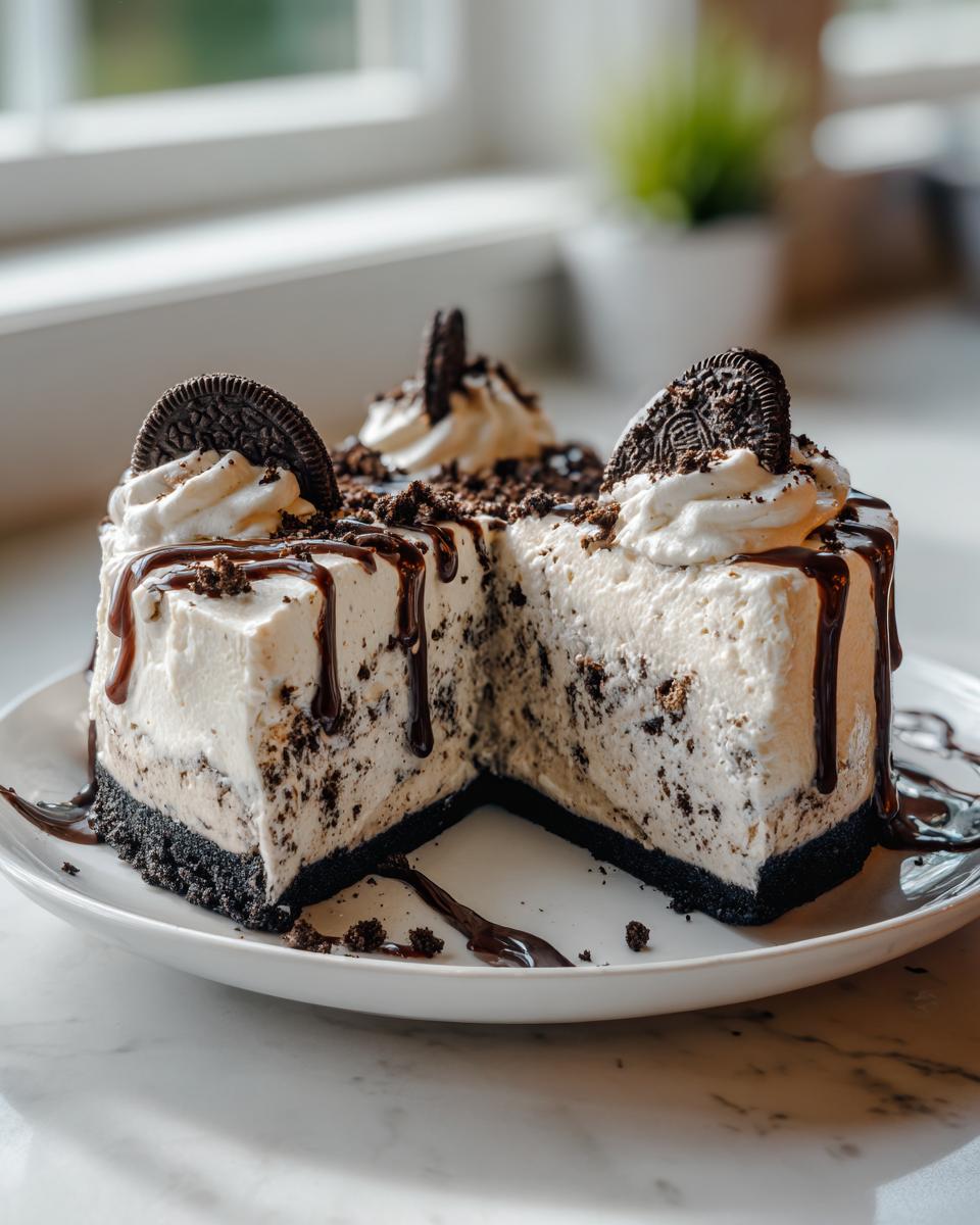 A slice cut from a rich Oreo cookie ice cream pie topped with whipped cream and chocolate syrup.