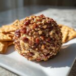 A close-up of a delicious cheese ball recipe coated entirely in chopped pecans, served with crackers.