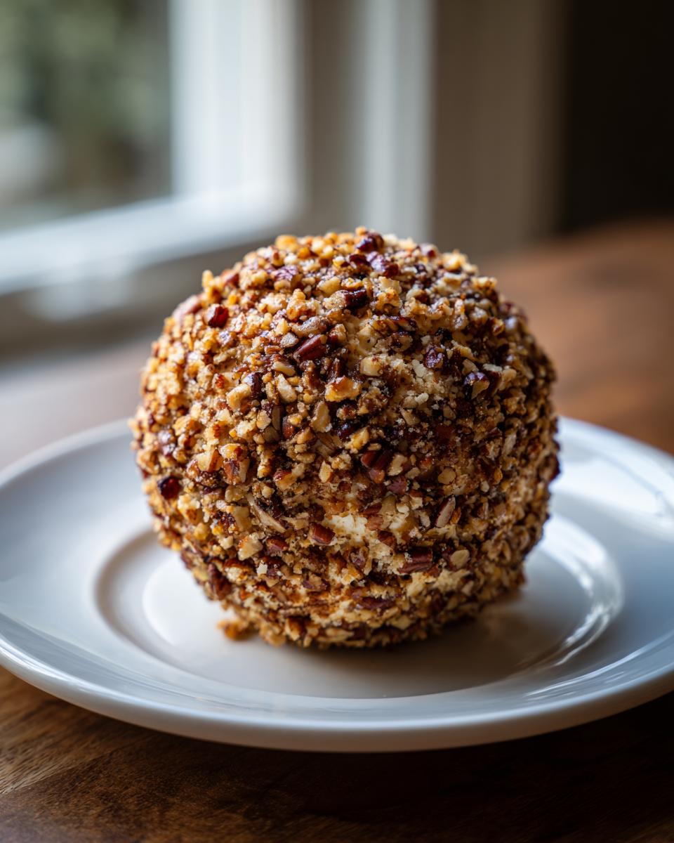 A beautiful, round cheese ball recipe coated entirely in chopped pecans, sitting on a white plate.