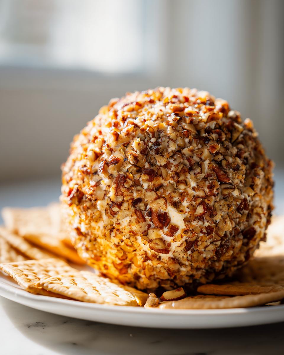 A perfectly formed cheese ball recipe coated entirely in chopped pecans, served on a white plate with crackers.