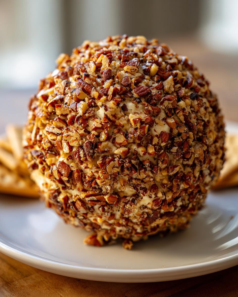 A perfectly formed cheese ball recipe coated entirely in chopped pecans, resting on a white plate.