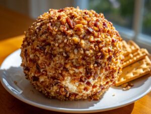 A perfectly formed, pecan-crusted cheese ball recipe served on a white plate next to a stack of crackers.