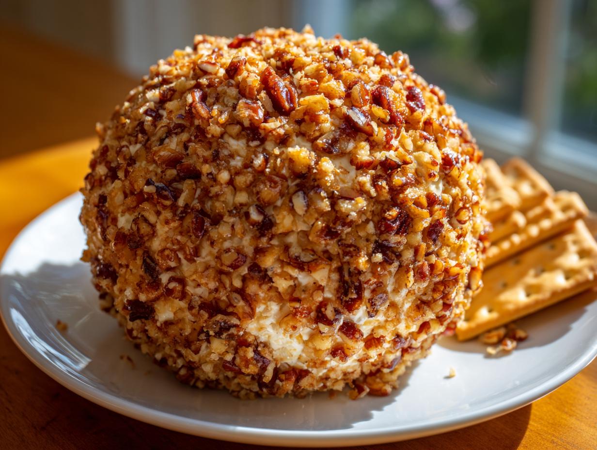 A perfectly formed, pecan-crusted cheese ball recipe served on a white plate next to a stack of crackers.