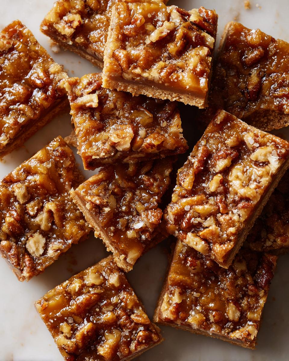 Close-up overhead shot of several squares of gooey Pecan Pie Bark sprinkled with sea salt.