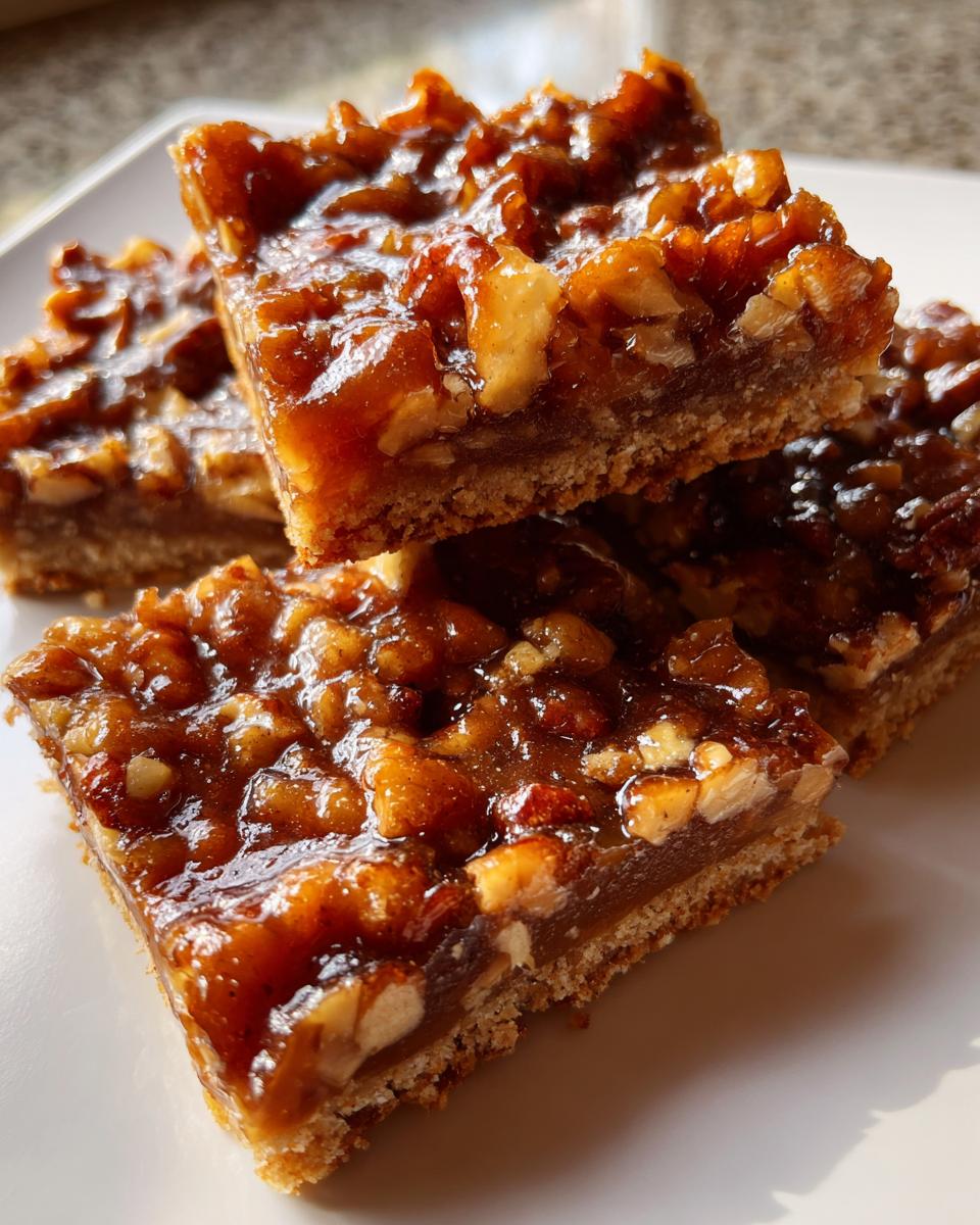 Close-up of three squares of gooey Pecan Pie Bark stacked on a white plate, showing the thick, glossy topping and shortbread crust.