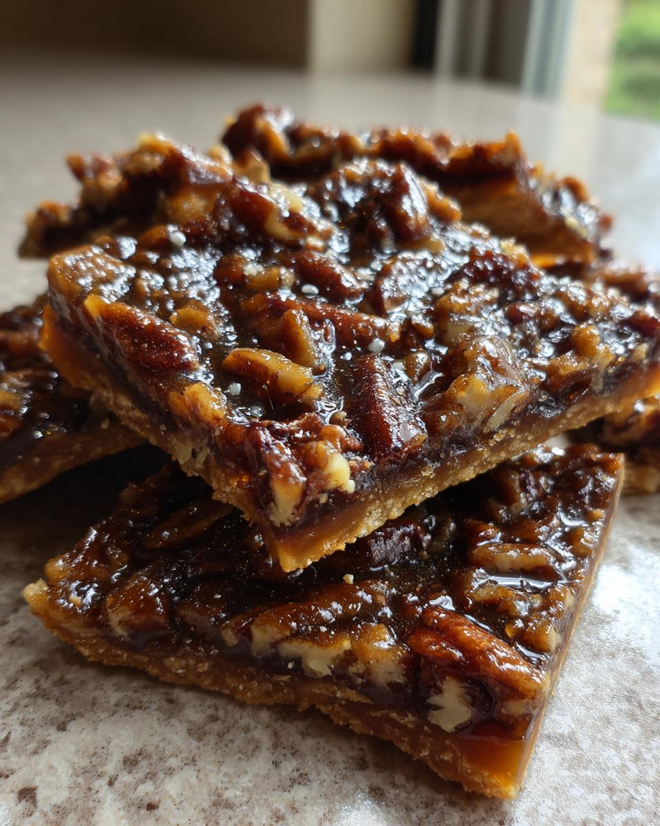 Close-up of stacked squares of rich, gooey Pecan Pie Bark with a buttery crust.