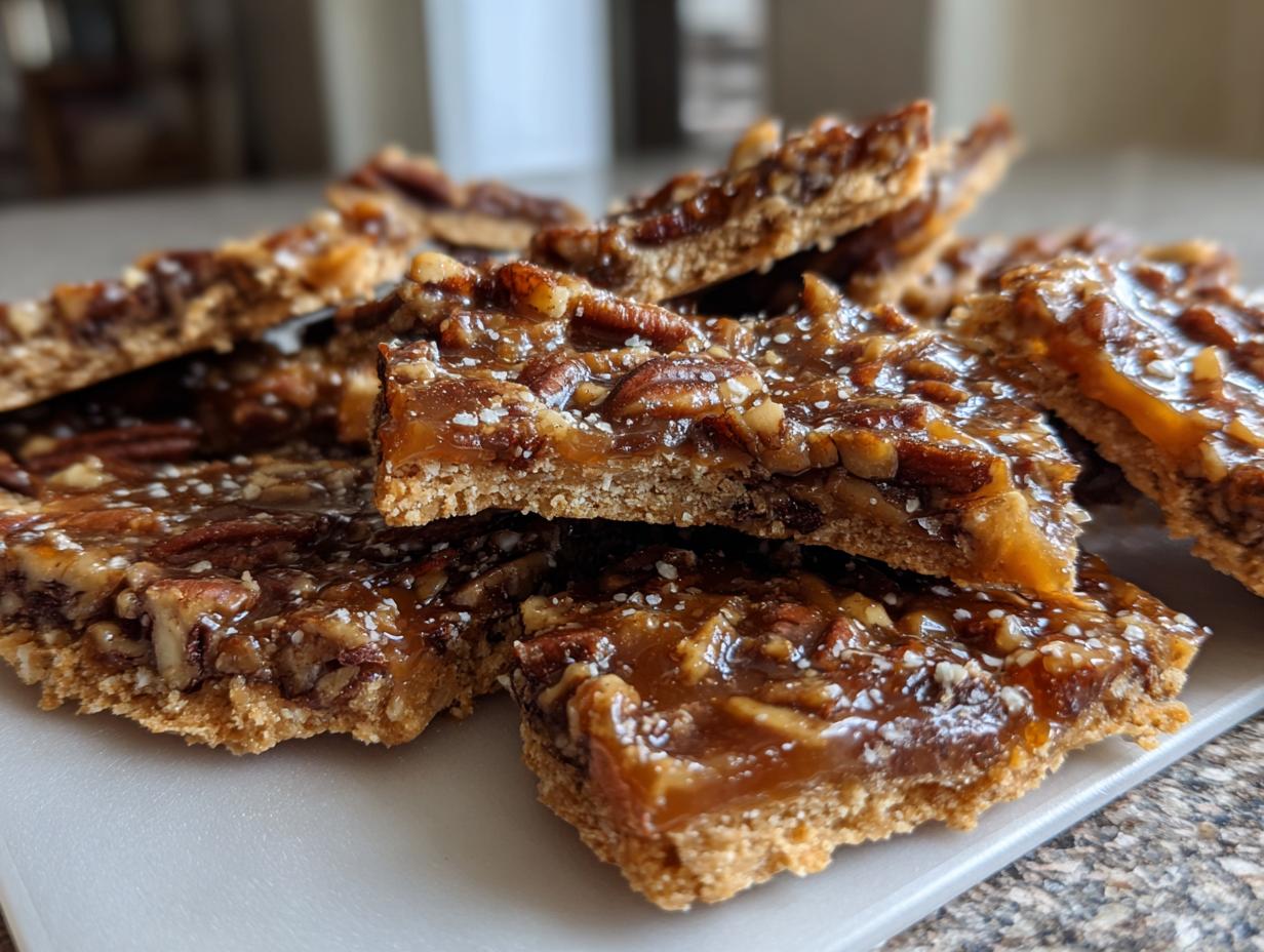 A stack of homemade Pecan Pie Bark squares featuring a thick layer of gooey caramel and pecans on a shortbread crust.