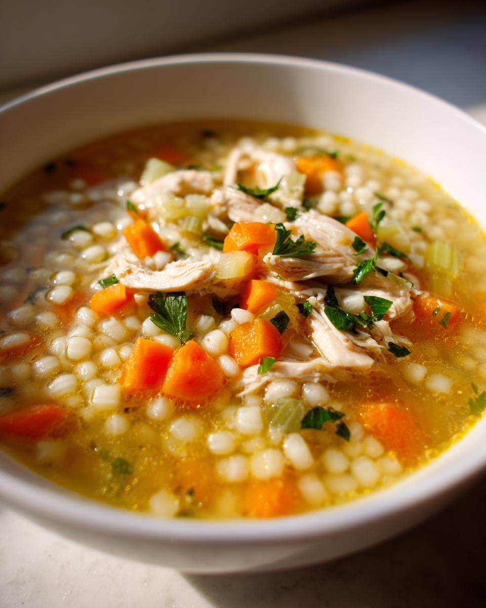 Close-up of a warm bowl of penicillin soup featuring shredded chicken, bright orange carrots, celery, and small pasta pearls.
