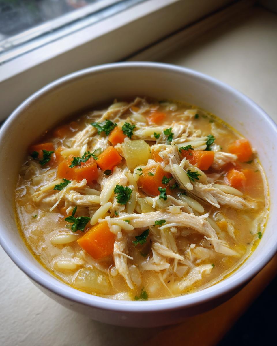 Close-up of a white bowl filled with rich penicillin soup featuring shredded chicken, carrots, orzo pasta, and fresh parsley garnish.