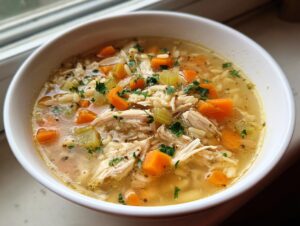 Close-up of a white bowl filled with hot penicillin soup, featuring shredded chicken, carrots, celery, and rice.