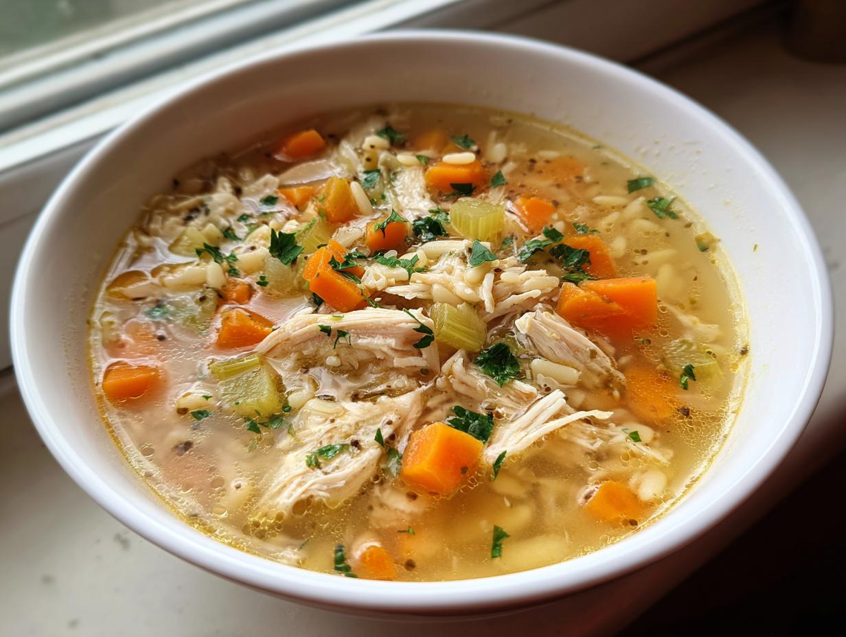 Close-up of a white bowl filled with hot penicillin soup, featuring shredded chicken, carrots, celery, and rice.