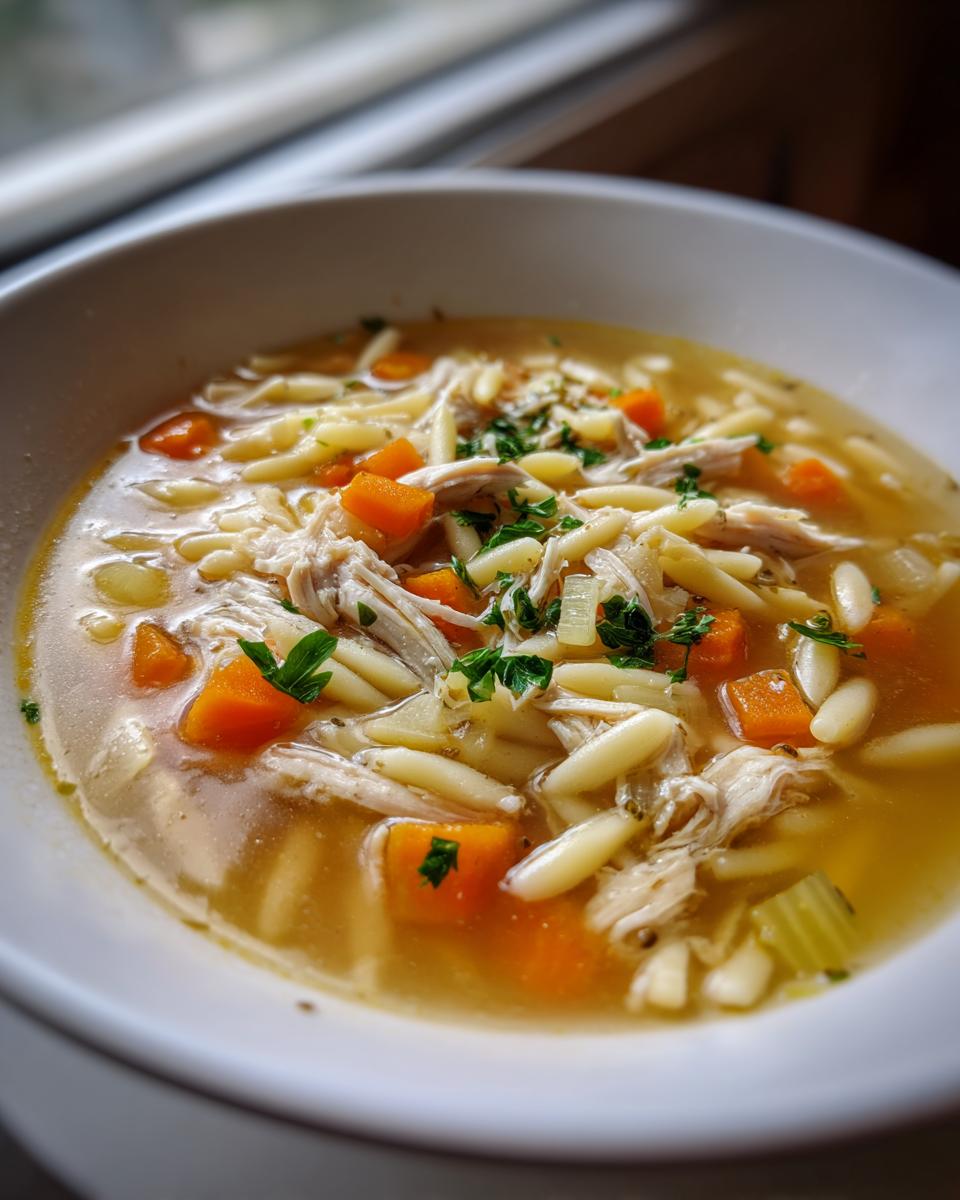 A close-up, appetizing bowl of penicillin soup featuring shredded chicken, orzo pasta, diced carrots, and fresh parsley garnish.