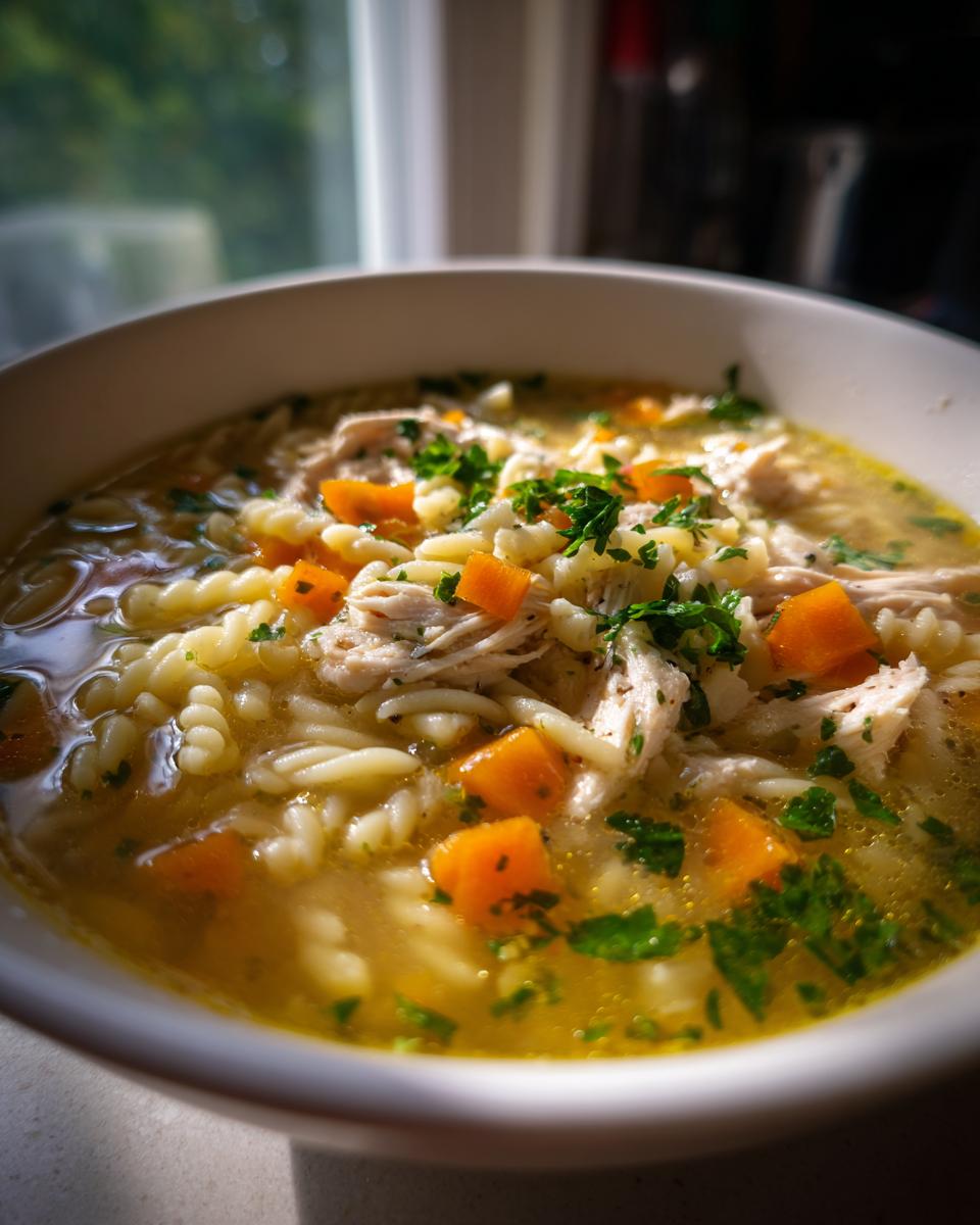 Close-up of a steaming bowl of penicillin soup featuring shredded chicken, spiral pasta, diced carrots, and fresh parsley garnish.