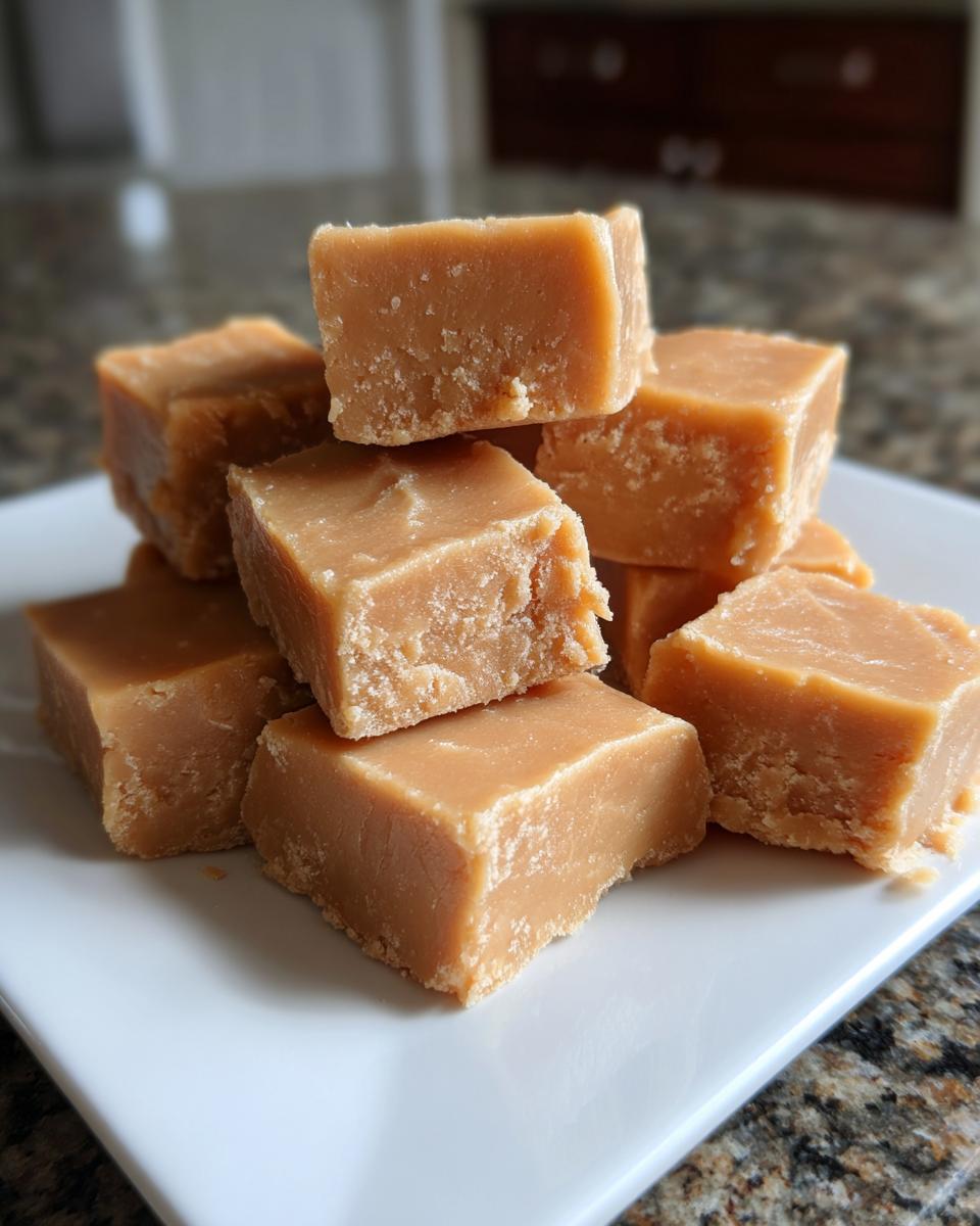 A stack of perfectly cut, light brown penuche fudge squares piled on a white serving plate.