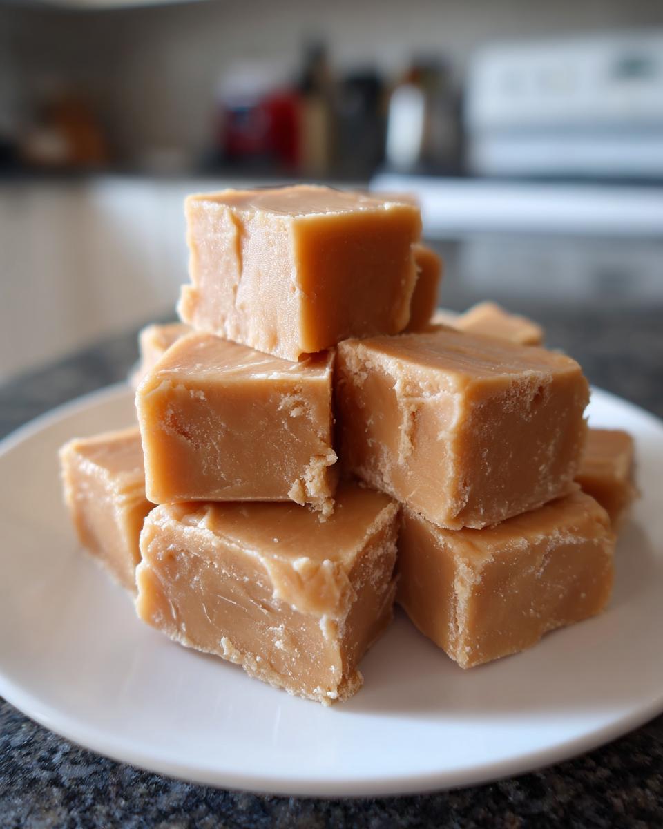A stack of creamy, light brown penuche fudge squares piled high on a white plate.