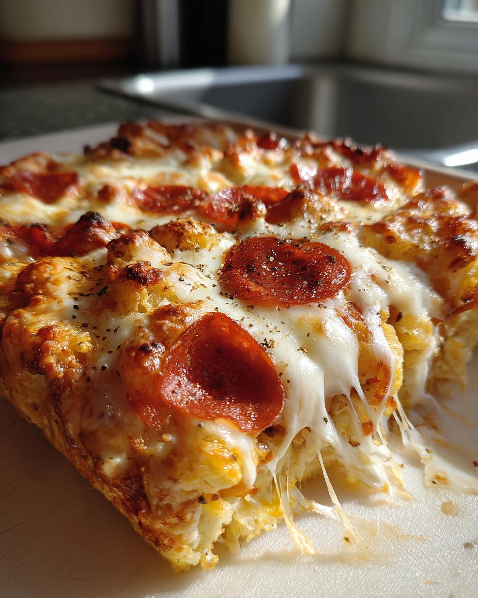 Close-up of a slice of pepperoni pizza casserole showing melted, stringy cheese pull and baked pepperoni.