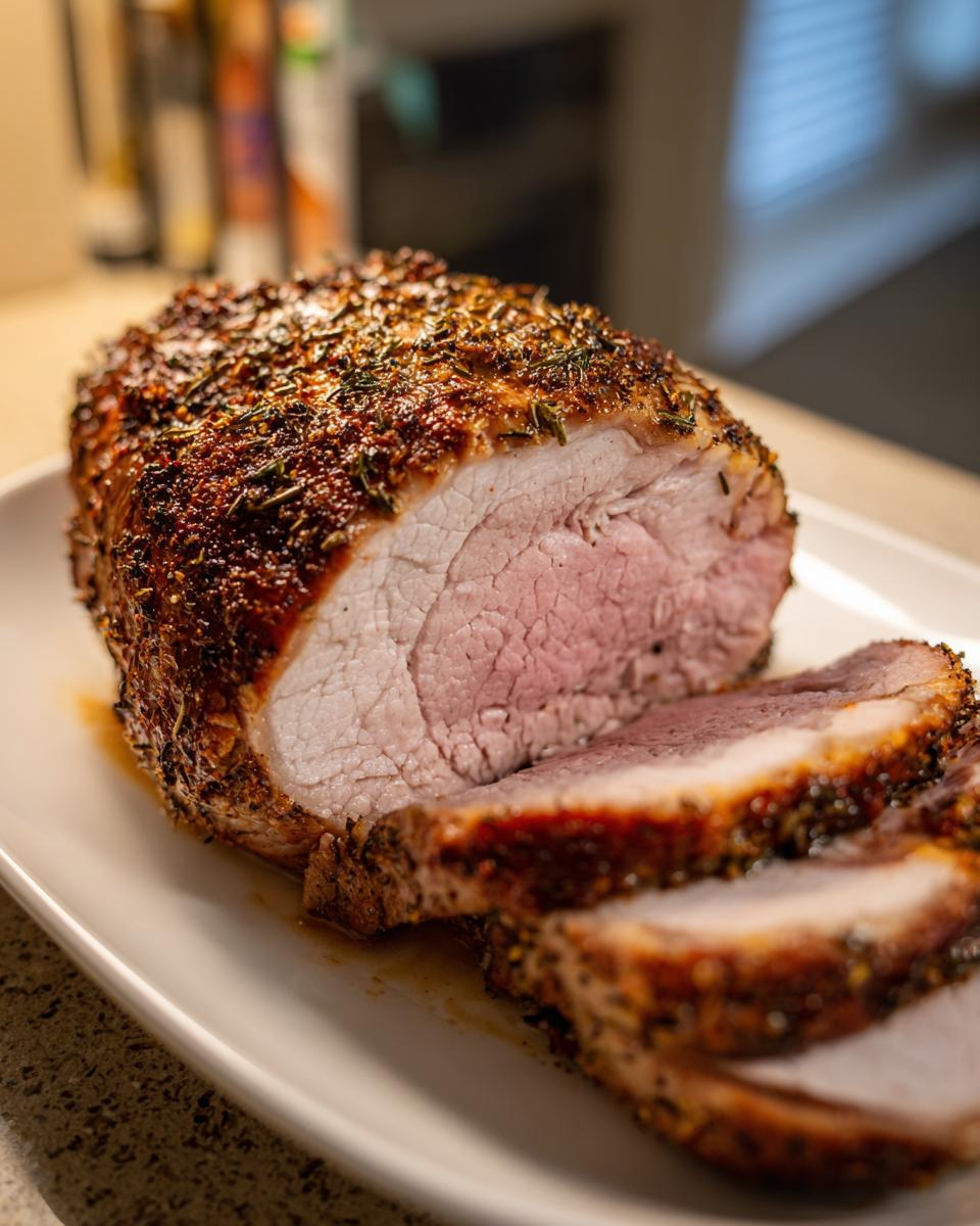 A juicy, medium-rare pork loin roast, sliced to show the pink interior and seasoned crust.