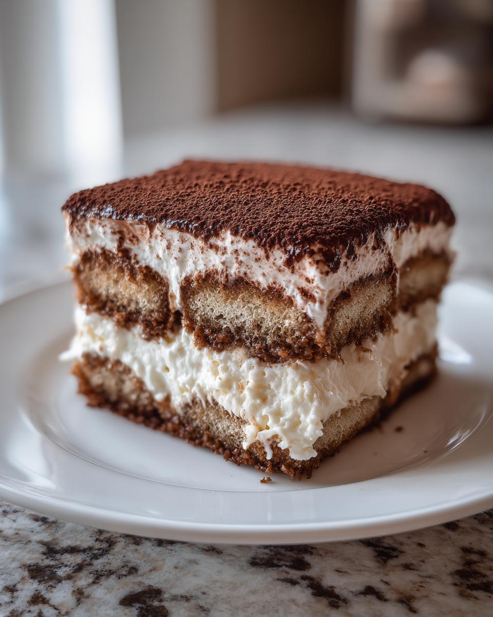 A square slice of classic tiramisu recipe showing layers of coffee-soaked ladyfingers and creamy mascarpone, dusted with cocoa.