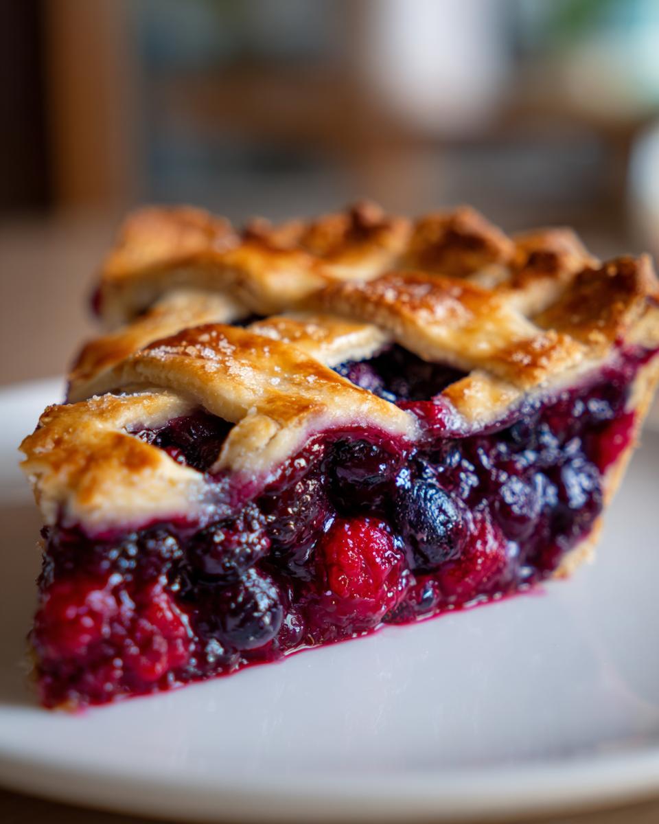 Close-up of one perfect slice of triple berry pie showing juicy berries and a golden lattice crust.
