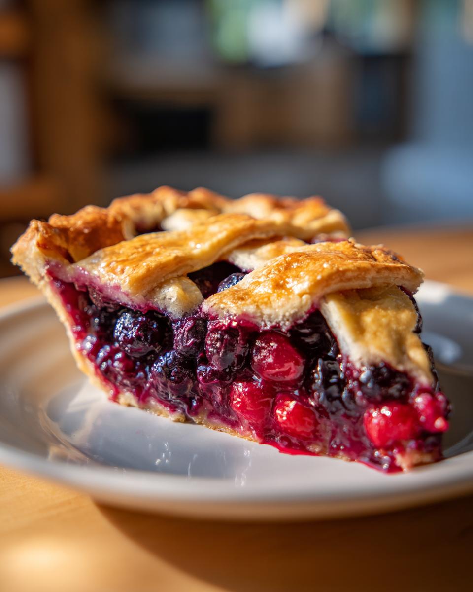 A close-up of one perfect slice of triple berry pie showing juicy berries and golden lattice crust.