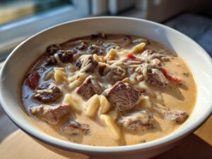 Close-up of a creamy bowl of philly cheese steak soup featuring chunks of beef, noodles, and melted cheese.