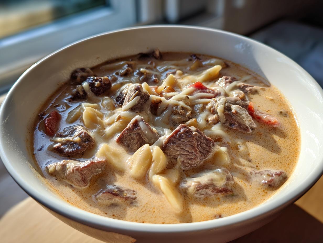 Close-up of a creamy bowl of philly cheese steak soup featuring chunks of beef, noodles, and melted cheese.
