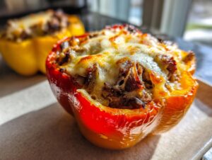 Close-up of a baked philly cheesesteak stuffed pepper, topped with melted, browned cheese.
