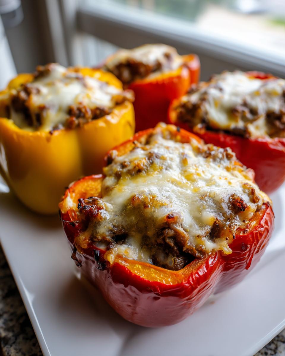 Four baked philly cheesesteak stuffed peppers, topped with melted white cheese, served on a white platter.