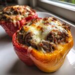 Close-up of two baked philly cheesesteak stuffed peppers, topped with melted, bubbly cheese.