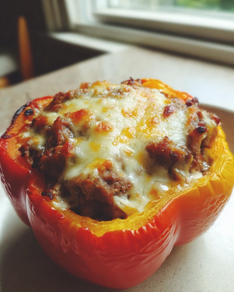 Close-up of a baked philly cheesesteak stuffed peppers, topped with melted, bubbly cheese.