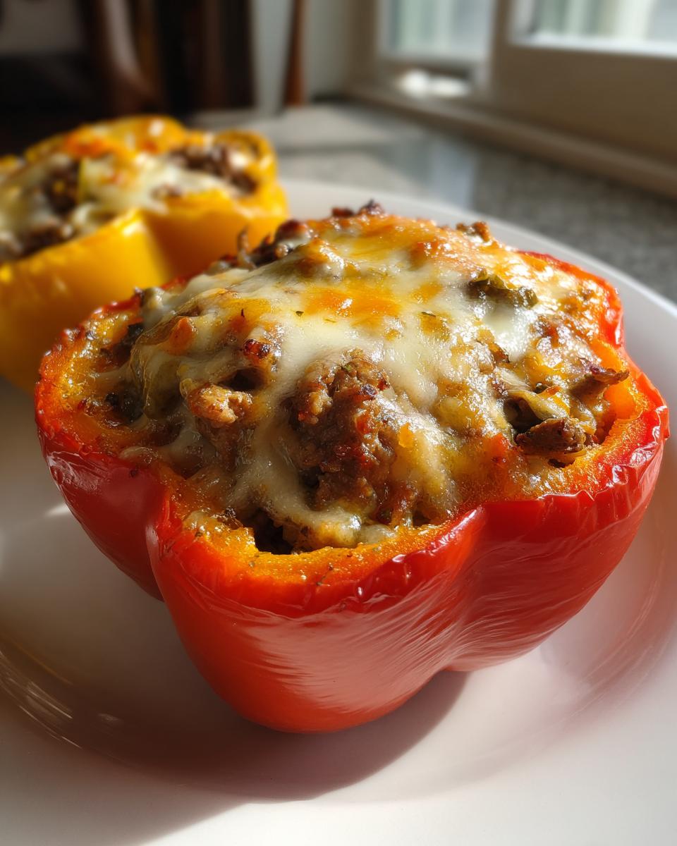 Close-up of a vibrant red philly cheesesteak stuffed pepper topped with melted white and golden cheese.