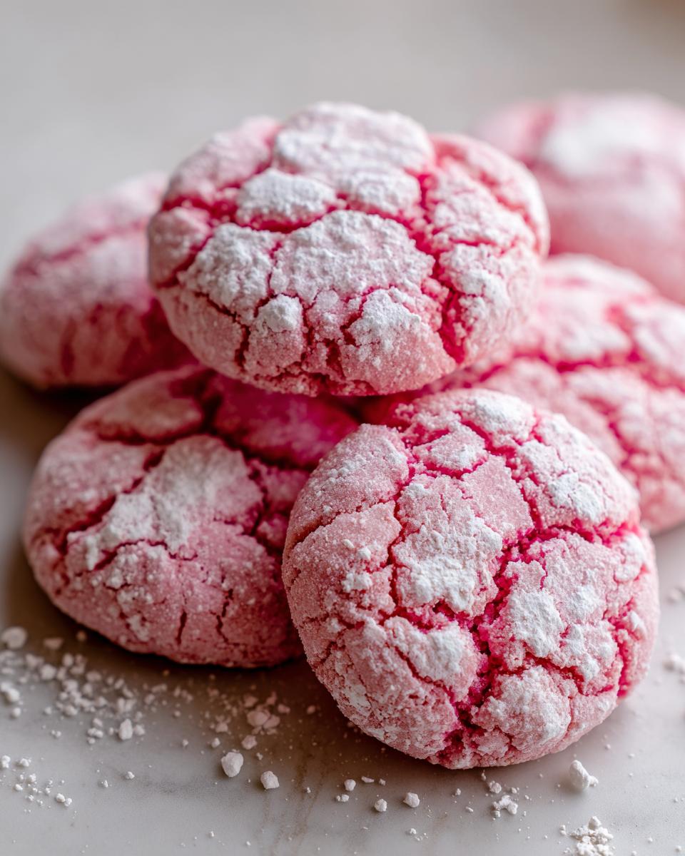 Close-up of several vibrant pink strawberry cake mix cookies dusted heavily with powdered sugar.