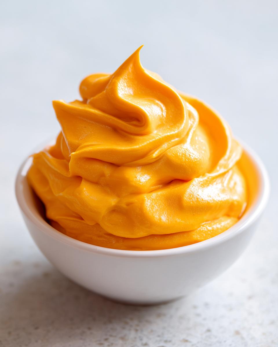 A close-up of bright orange, creamy nacho cheese sauce piped into a swirl inside a small white bowl.