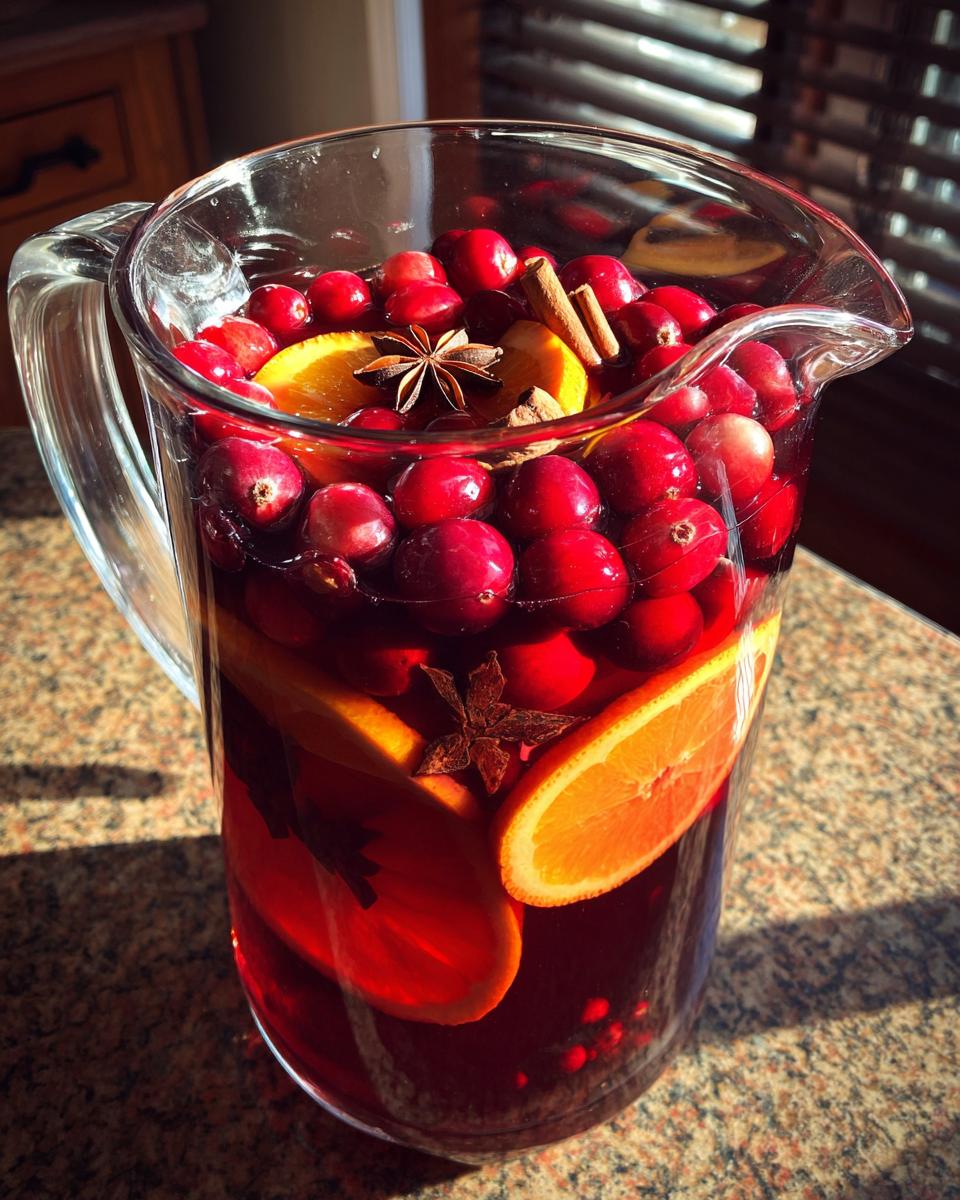 A clear glass pitcher filled with vibrant red christmas sangria, garnished heavily with fresh cranberries, orange slices, cinnamon sticks, and star anise.