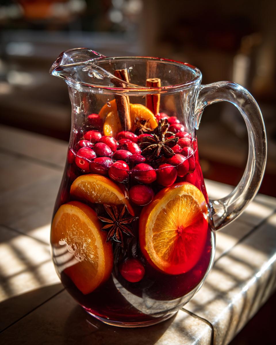 A clear glass pitcher filled with rich red christmas sangria, loaded with fresh cranberries, orange slices, cinnamon sticks, and star anise.
