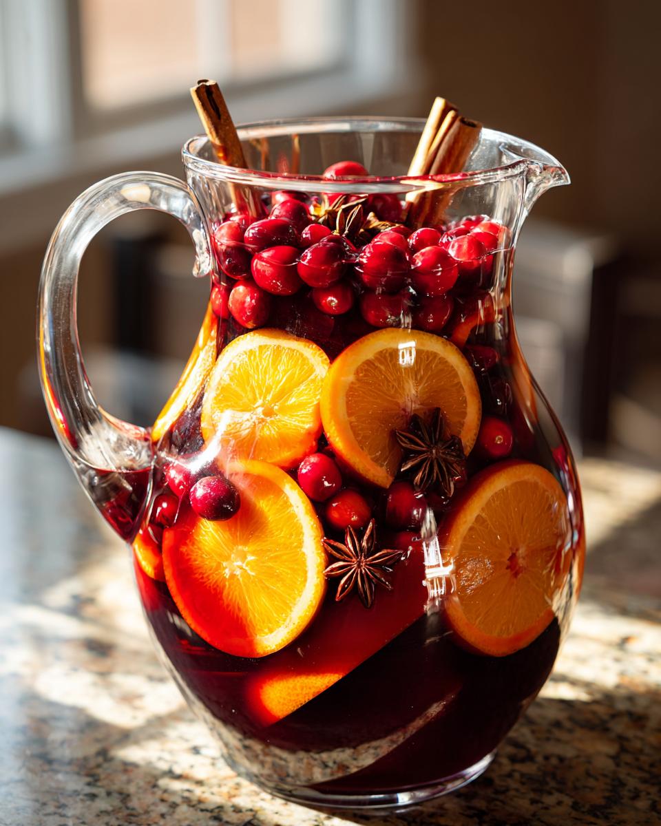 A clear glass pitcher filled with rich red christmas sangria, garnished with orange slices, cranberries, cinnamon sticks, and star anise.