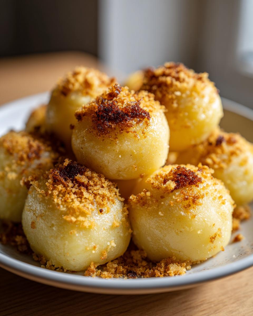 Close-up of several golden potato dumplings piled on a white plate, generously topped with toasted breadcrumbs.