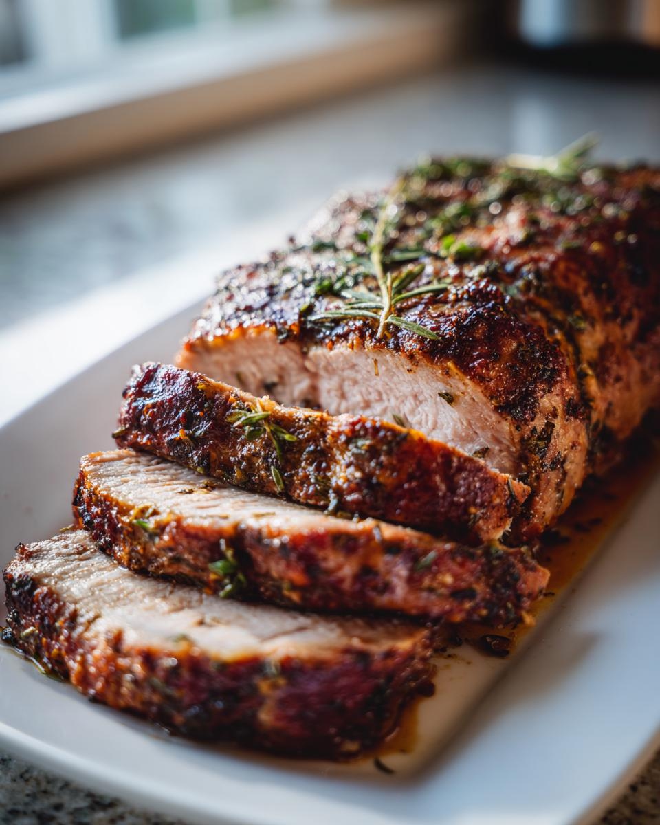 Close-up of a juicy, herb-crusted pork loin roast sliced on a white platter, showing the tender interior.