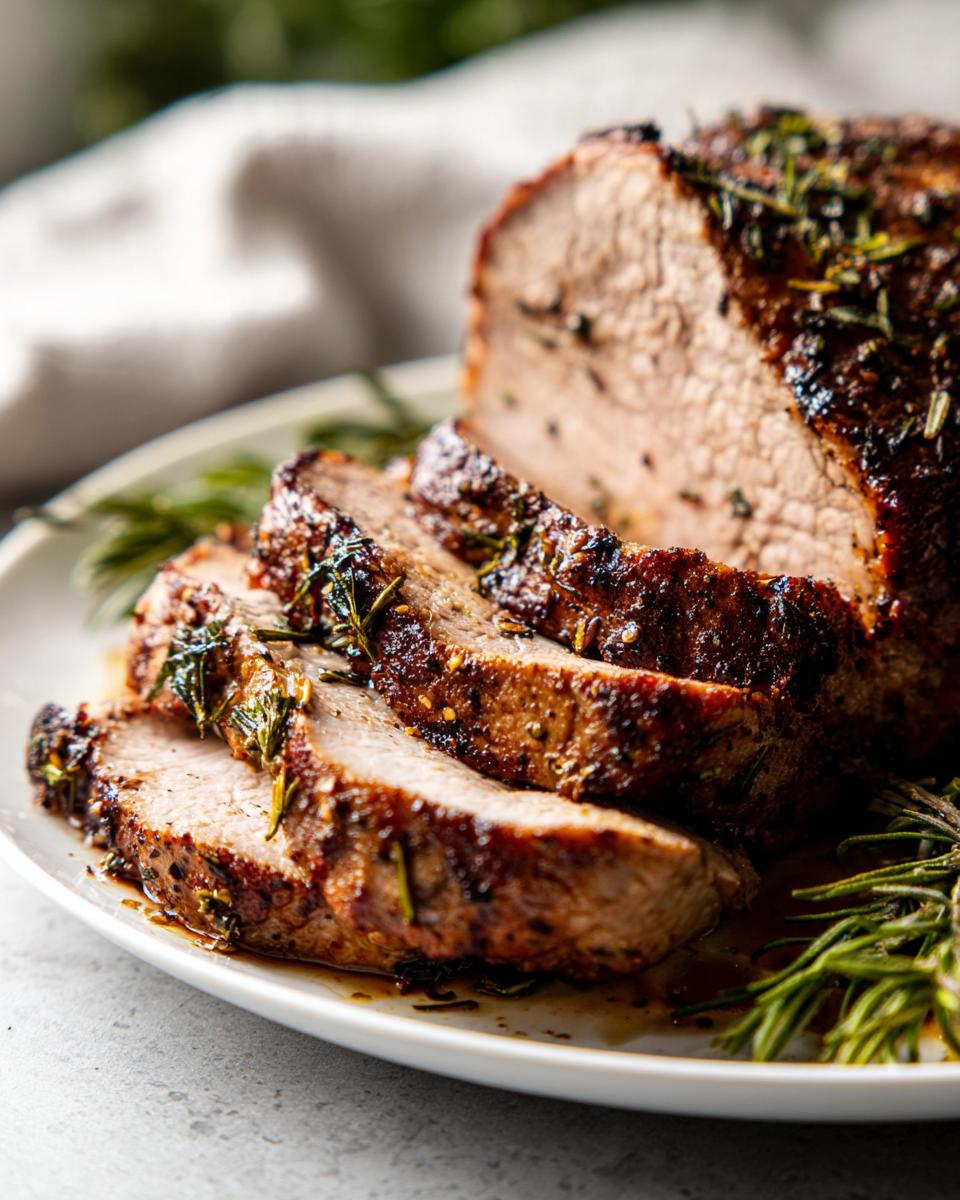 Close-up of a juicy, sliced pork loin roast seasoned with herbs resting on a white plate.