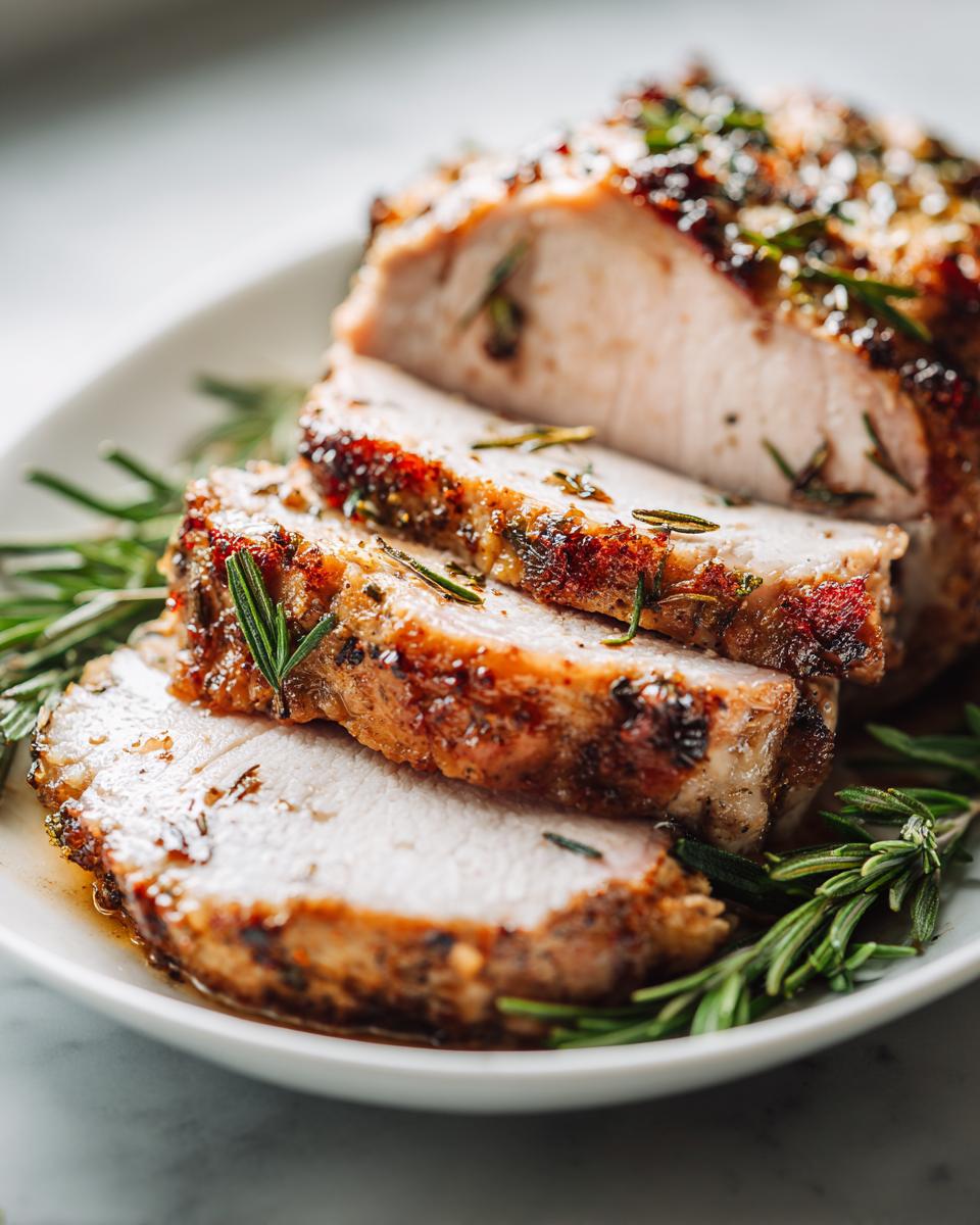 Close-up of a juicy pork loin roast, sliced and garnished with fresh rosemary sprigs.