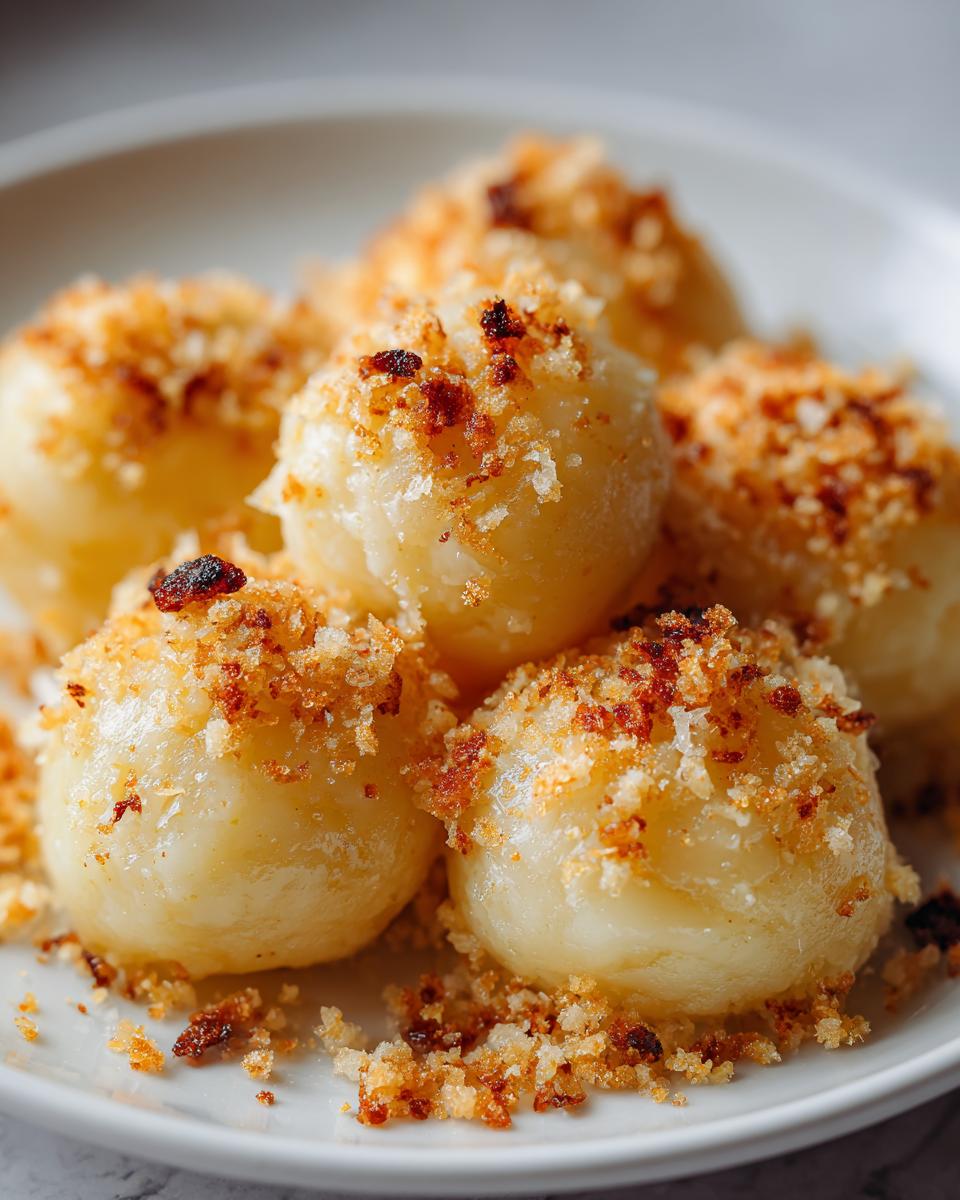 Close-up of several golden potato dumplings generously coated in toasted, crunchy breadcrumbs on a white plate.