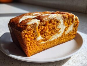 A close-up of a thick slice of moist pumpkin cream cheese bread showing the vibrant orange crumb and cream cheese swirl.
