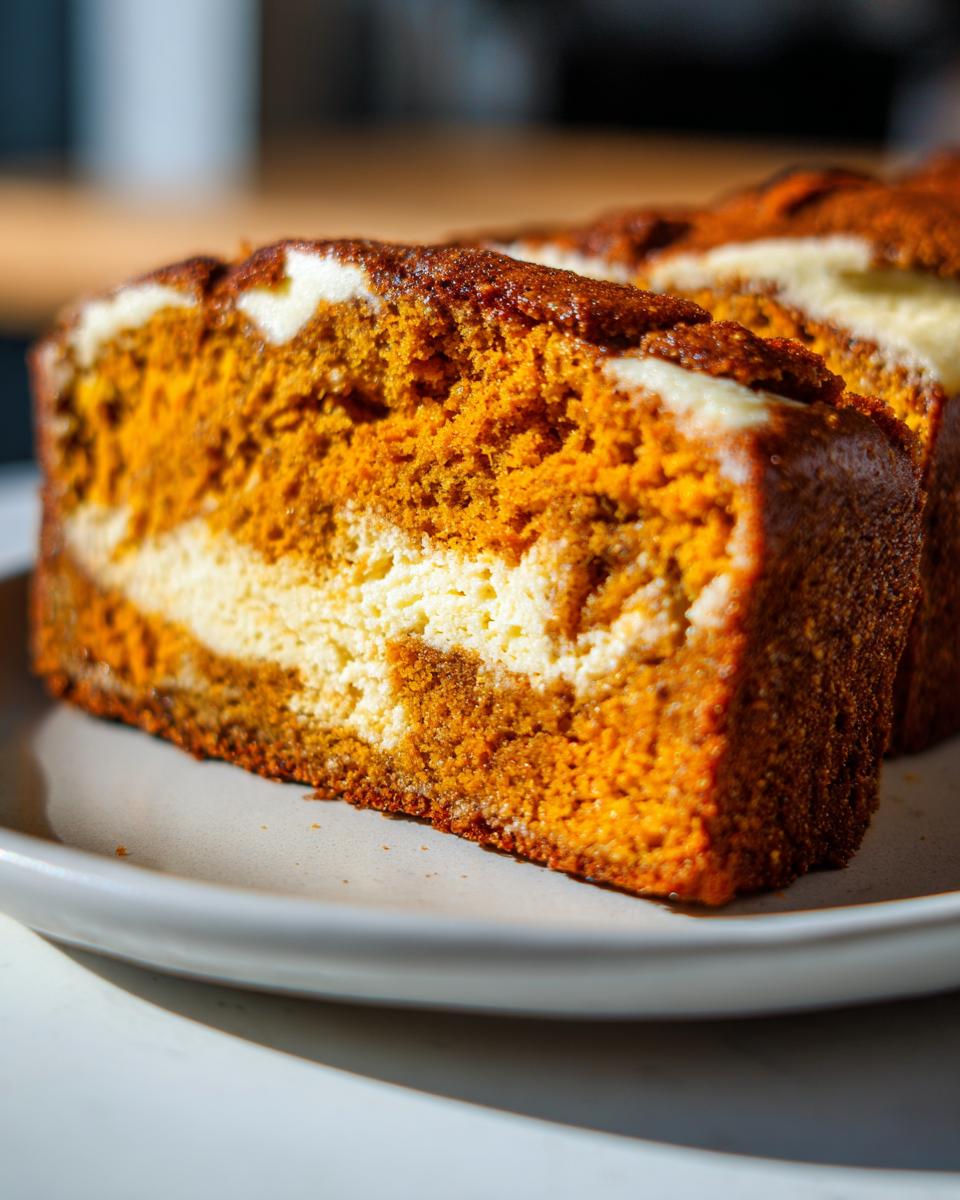 Close-up of a thick slice of moist pumpkin cream cheese bread showing the orange pumpkin layer swirled with the white cream cheese filling.